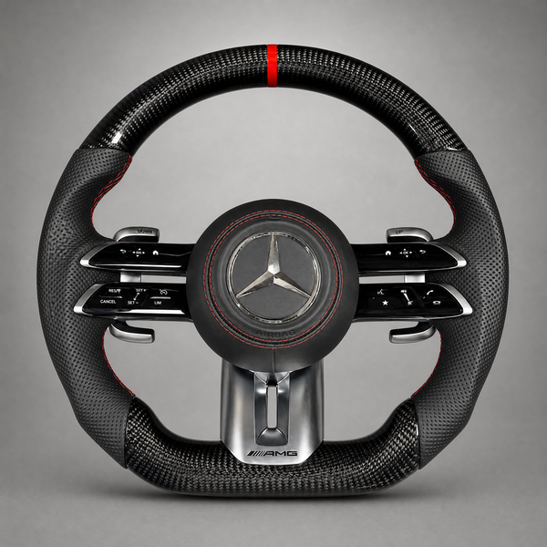Volant Carbone Custom – Mercedes-AMG | Palettes Chromées & Accents Rouges