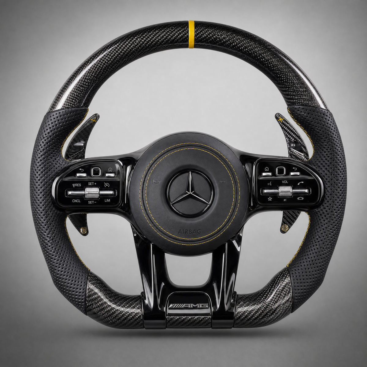 Volant Carbone Custom – Mercedes-AMG Édition Jaune | Étoile Noir Brillant