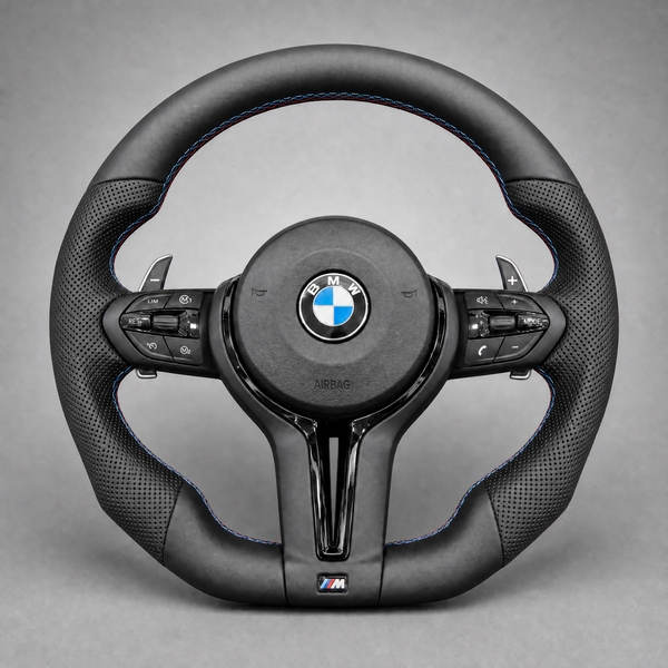 Volant BMW M Sport Méplat Custom – Cuir Noir | Surpiqûres Tricolores
