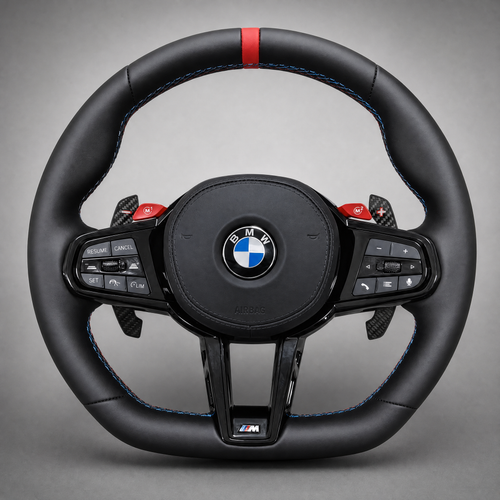 Volant BMW M CS Custom M2 M3 M4 M5 – Cuir Noir | Boutons M Rouges & Palettes Carbone