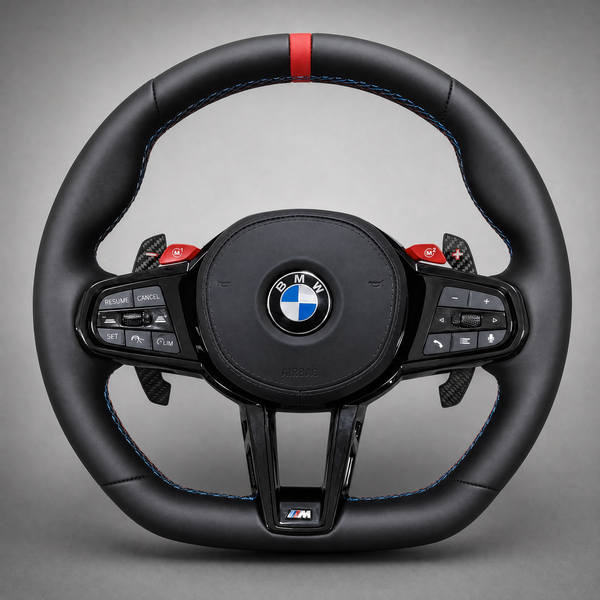 Volant BMW M CS Custom M2 M3 M4 M5 – Cuir Noir | Boutons M Rouges & Palettes Carbone