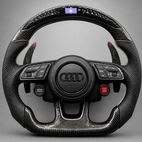 Volant Audi A3 / S3 / RS3 / Q2 Custom – Carbone & Cuir Perforé | Barre LED & Start/Stop