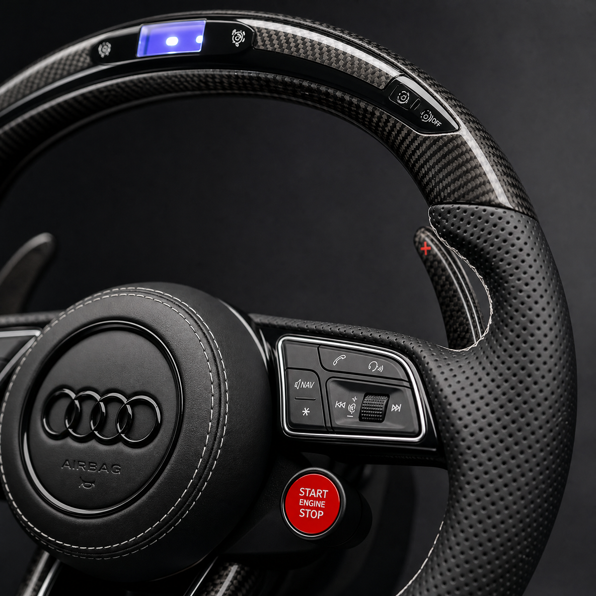 Volant Audi A3 / S3 / RS3 / Q2 Custom – Carbone & Cuir Perforé | Barre LED & Start/Stop