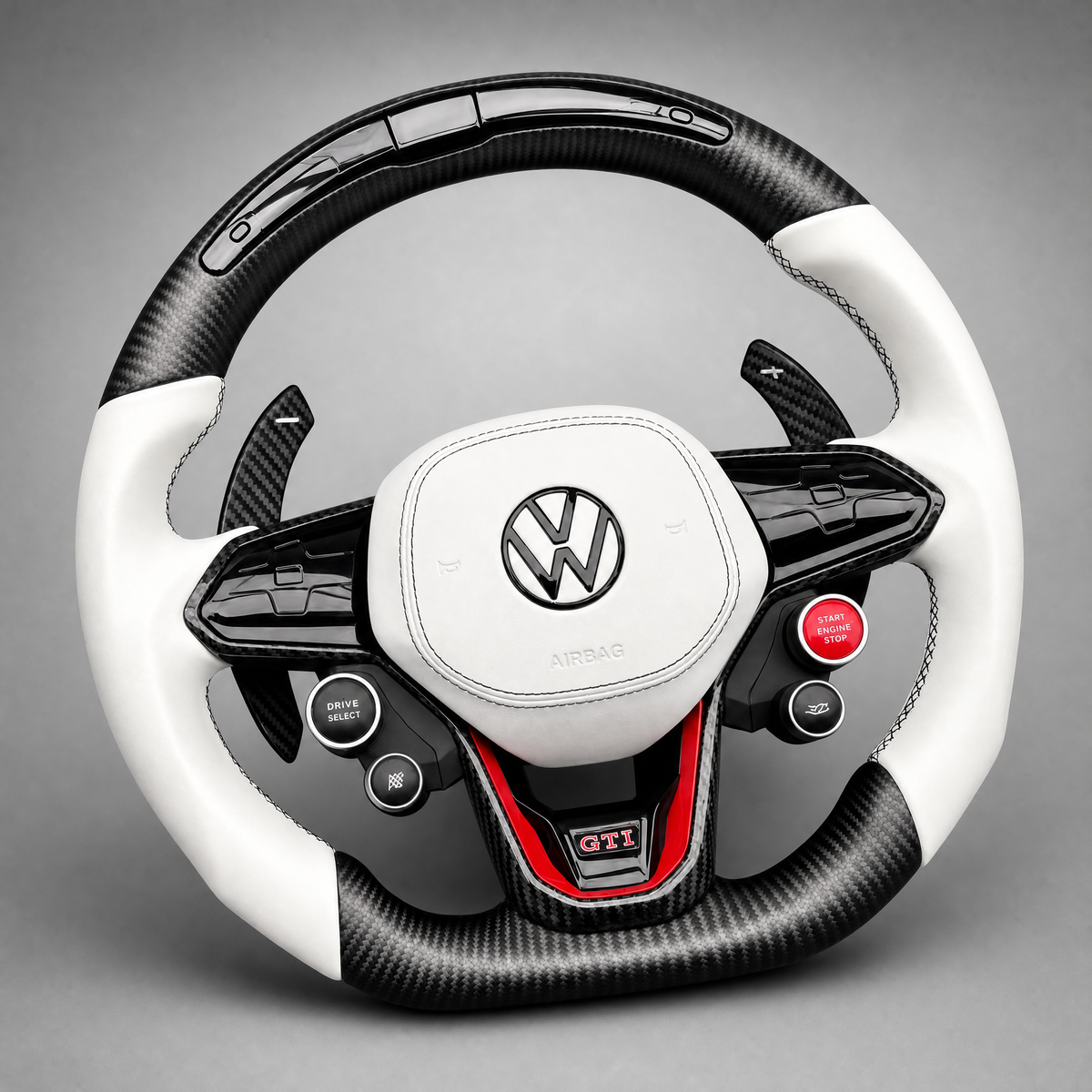 Volant VW Golf GTI  – Carbone & Cuir Blanc | Badge GTI & Start/Stop