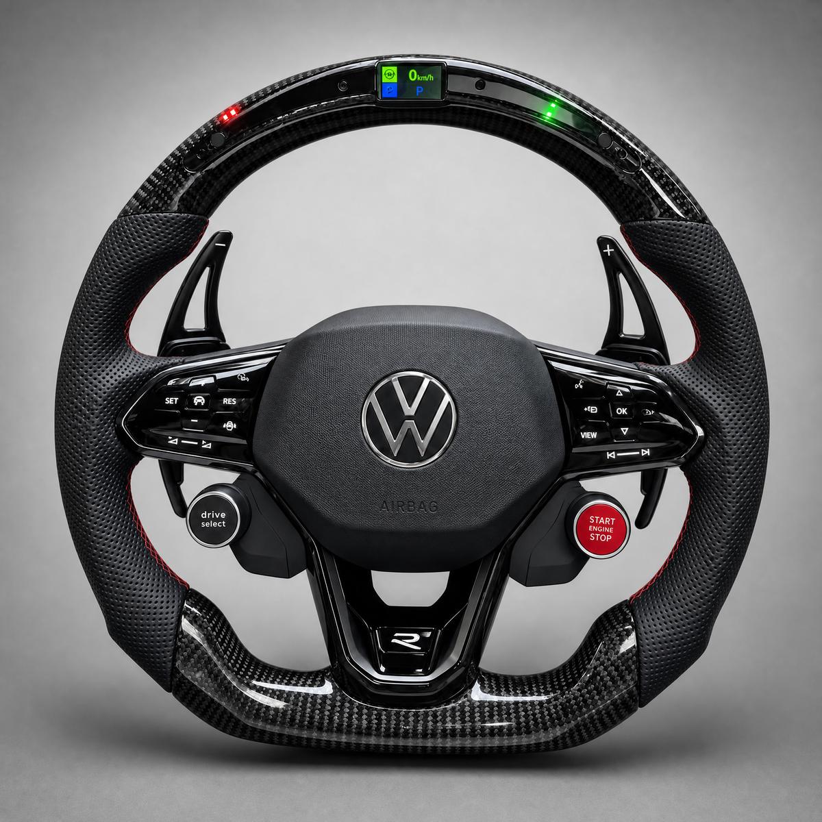 Volant VW R Custom – Carbone & Cuir Perforé | Barre LED & Start/Stop